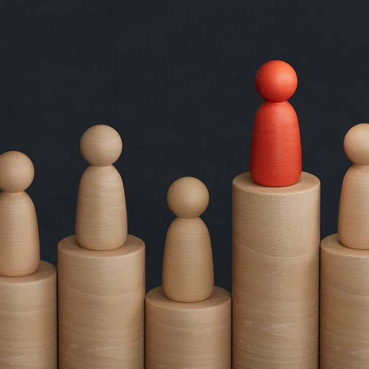 Wooden figures on pedestals with one red figure standing taller.