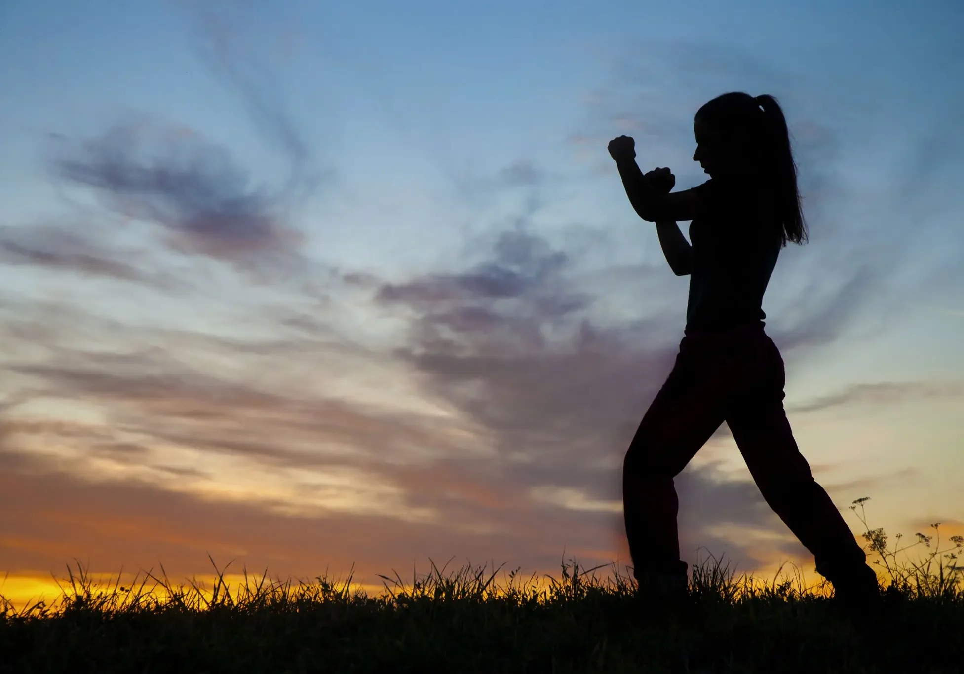 Silhouette of a person in boxing stance at sunset.